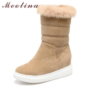 

Meotina Women Mid Calf Boots 2018 Winter Snow Boots Platform Wedge Heels Real Fur Increasing Heel Shoes Apricot Big Size 34-43