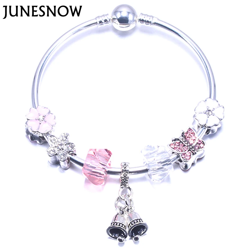 

JUNESNOW Fashion Jewelry charm Bracelets Silver Plating Beads Pink Crystal Bells pendant Fit Mother's Day Gift ZY1028