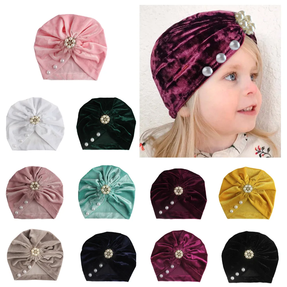 

Nishine Infant Newborn Gold Velvet Caps with Rhinestone Kont Turban Girls Spandx Stretchy Beanie Hat Baby Hair Accessories