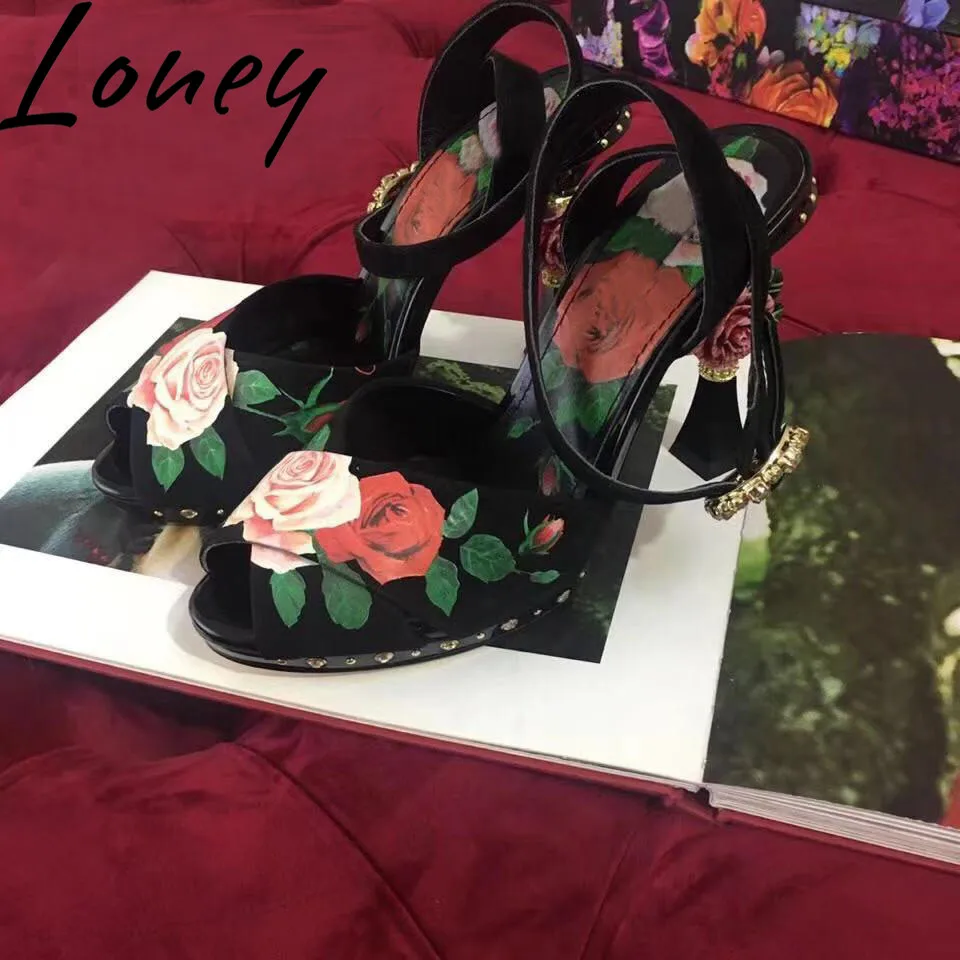 

Loney New Brand Designer Genuine Leather Printed Floral Summer Sandals Open Toe Crystal Beading HIgh Heel Sandals Shoes Women