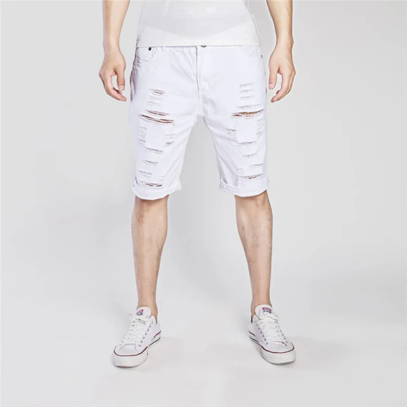 

2019 summer trend new European and American style men's fashion casual hole solid color washed denim shorts male
