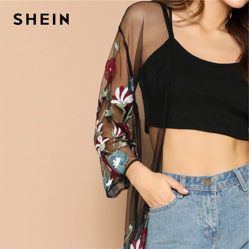 SHEIN Multicolor Flower Embroidery Mesh Sheer Boho Longline Kimono Cardigan Women Summer Long Sleeve Beach Vacation Sexy Kimonos