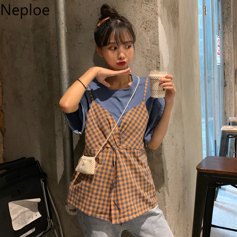 

Neploe Plaid Patchwork T Shirts Fake Two Pieces Short-sleeved T-shirt 2019 Summer Women Sweet Tees Back Bow Tie Top Shirt 53573