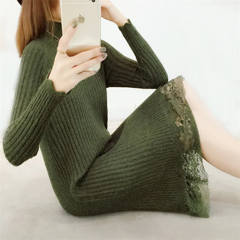 Женское трикотажное платье свитер с высоким воротником и кружевом|knitted dress|sweater