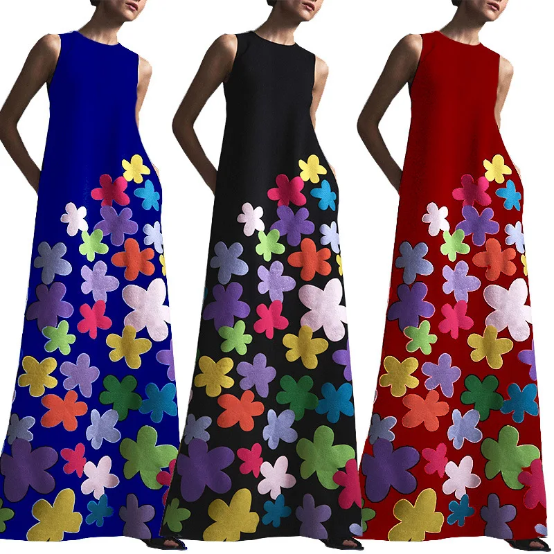 

Elegant Flowers Printing Women Casual Dress Sleeveless O Neck A line Floor Length Long Party Dress 2019 Hot Sale High Quality