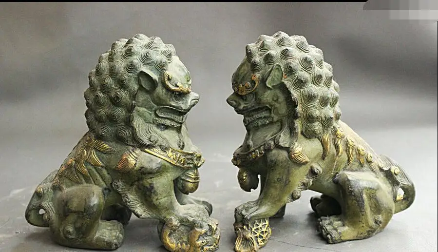 

6" Chinese Collect FengShui Bronze Gilt Fu Foo Dog Lion Ply Leo Ball Pair Statue