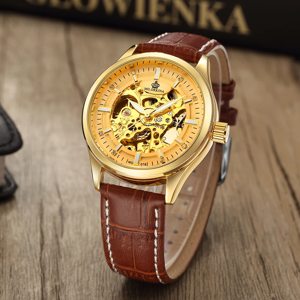 

MG ORKINA 2018 Male Clock Automatic Mechanical Skeleton Dial Men Wrist Watch Leather Strap Relogio Masculino