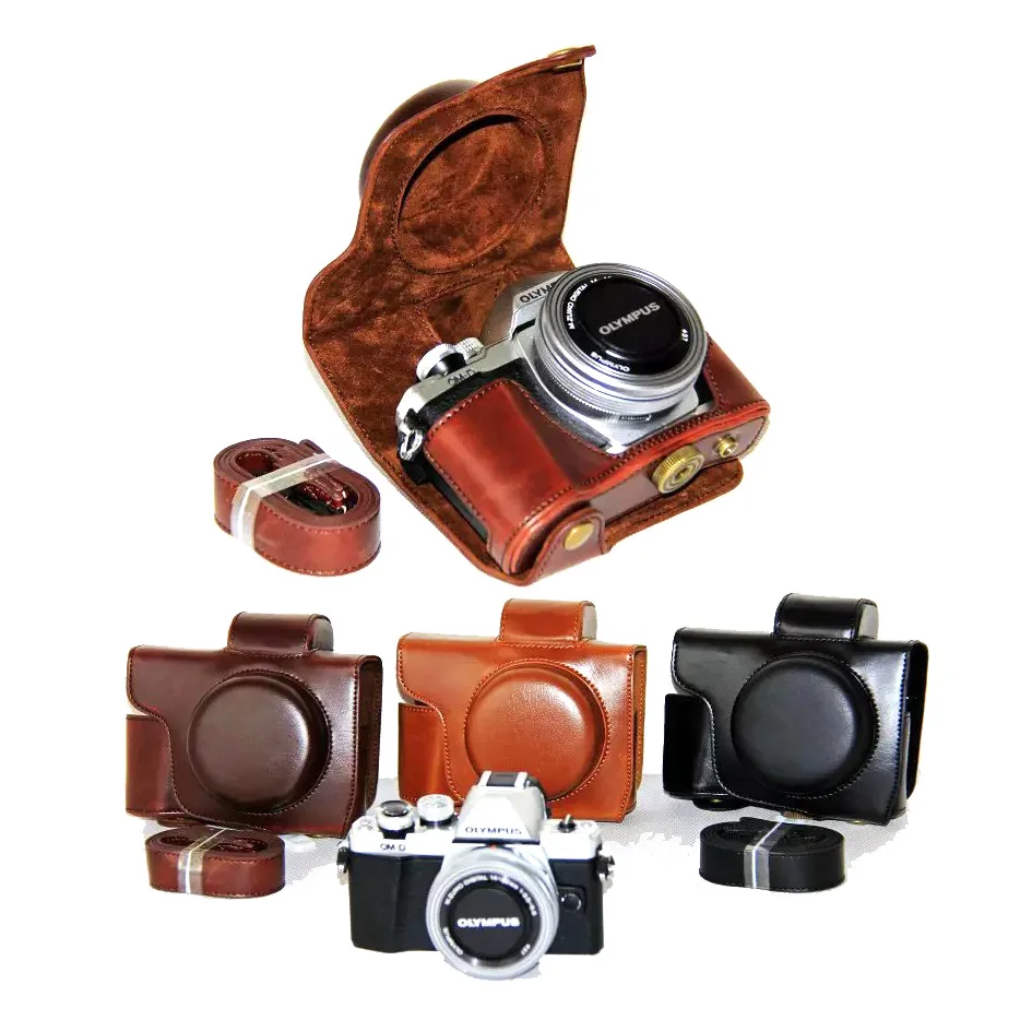 Beste PU Leather Camera Case Cover voor Olympus E M10 Mark II EM10 II MarkII (14 42mm Lens) hoge Kwaliteit + Band Beschermhoes