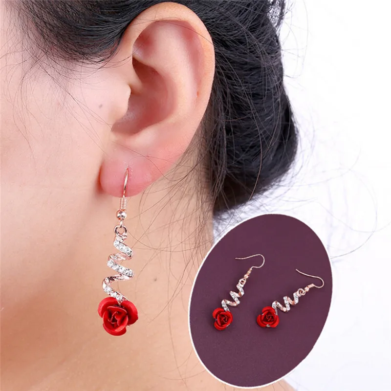 Fashion Lovely Temperament Crystal Red Rose Flower Women Dangle Drop Earring For Wedding/Party Bridal | Украшения и аксессуары