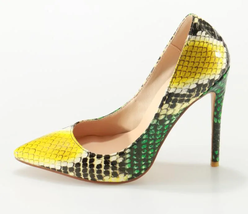 High Quality Women Fashion Shining Snake Leather Pointed Toe Pumps Patchwork Color High Heels Formal Dress Shoes High Quality Women Fashion Shining Snake Leather Pointed Toe Pumps Patchwork Color High Heels Formal Dress Shoes