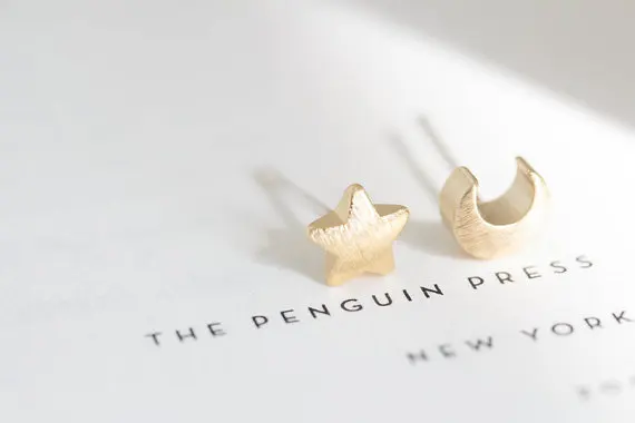 18k gold teens monn and star stud earrings