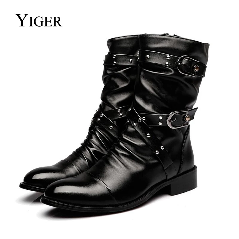 

YIGER NEW 2018 Men's Martin Boots Genuine Leather Punk Boots British Retro Men's Leather Round Boots Black Free shipping 0039