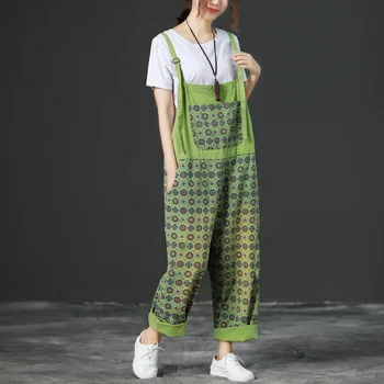 

Women Autumn Winter Vintage Printed Green Jumpsuits Lady Korean Loose Denim Overalls Female Spaghetti straps Rompers Long Pants