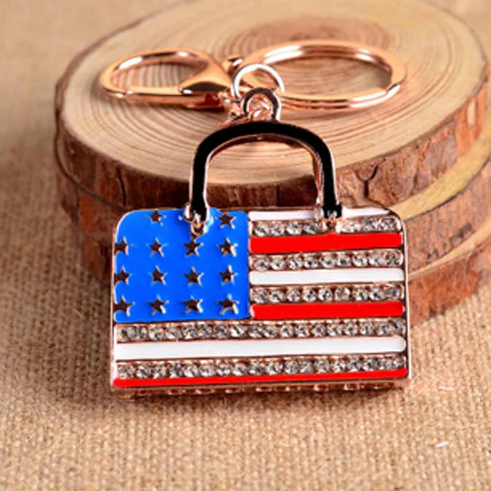 Charm American Flag Car Keychain High Grade Rhinestone Keyring Handbag