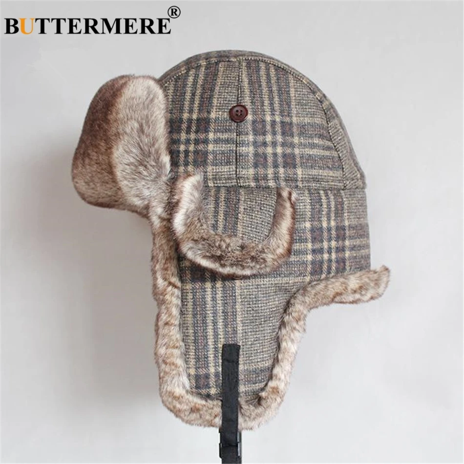 

BUTTERMERE Plaid Winter Hat Wool Male Female Russian Soviet Ushanka Hat Russian Warm Ski Cycling Earflap Men Womens Fur Hats
