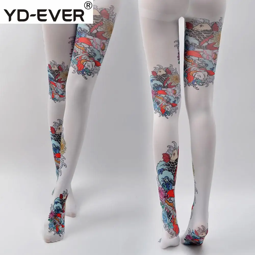 

YD-EVER women tights Harajuku Ethnic Style Year Painting Carp Auspicious Pattern Tattoo Spring Autumn Colored Cotton Pantyhose