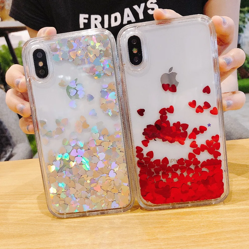 

PC+TPU Shockproof Case for iPhone X 6 6s 7 8 Plus XS Max XR Cover Big Love Quicksand Moving Glitter Transparnet Phone Case