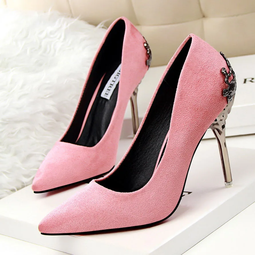 BIGTREE/; женская обувь на высоком каблуке с металлическими вырезами; Цвет серебристый, золотистый; пикантные женские модные свадебные туфли-лодочки; sapato feminino - Цвет: Розовый