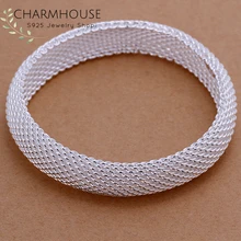 Pure 925 Silver Bangle & Bracelets for Women Mesh Round Cuff Bangles Wristband Pulseira Femme Wedding Bridal Jewelry Accessories 2014 new women cuff real pure silver bracelets bangle 925 sterling silver jewelry genuine solid silver cuff bangle