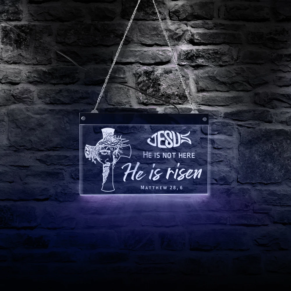 

Jesus Cross Christ Portrait HE IS RISEN Religious Easter LED Hanging Sign Easter Quote Bible Lighting Neon Christian LED Sign