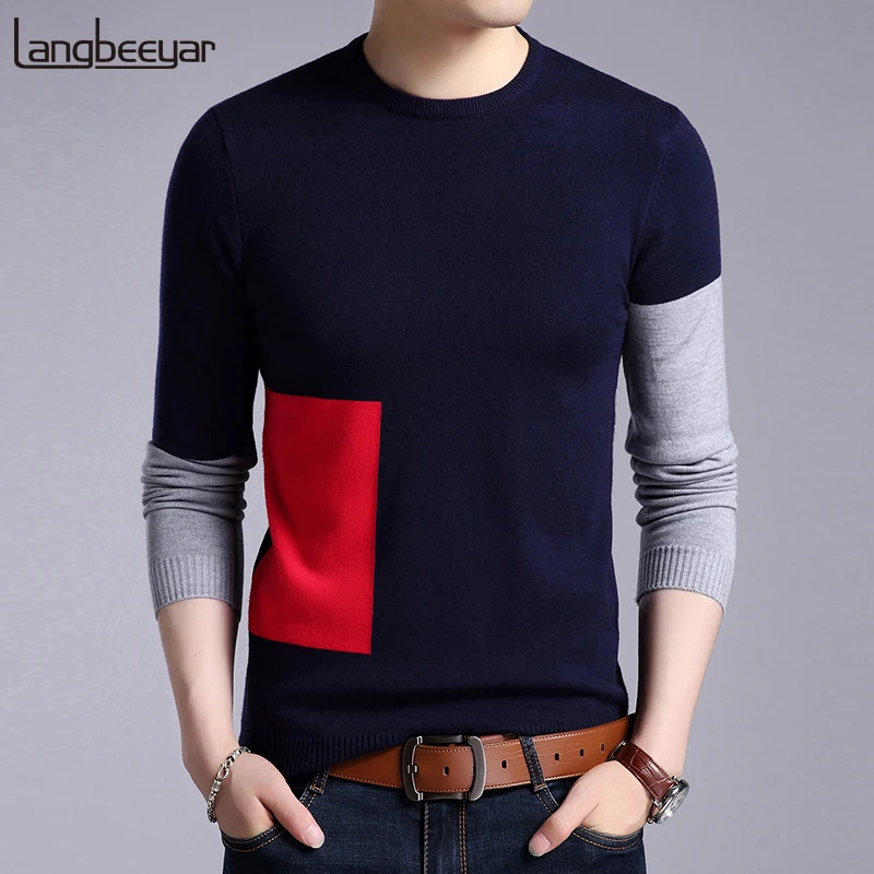 

2019 New Fashion Brand Sweaters Mens Pullovers Patch Work Slim Fit Jumpers Knit Woolen Autumn Korean Style Casual Men Clothes