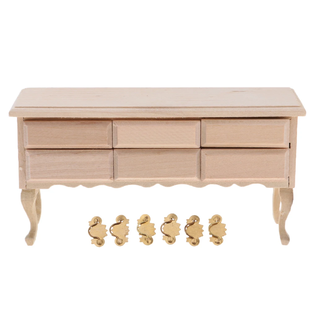 Wood Color Miniature 6 Drawers Table Furniture 1/12 Dollhouse Living Room Garden Decor Dolls House Accessories