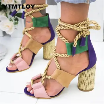 

HOT 2019 Summer Wedge Espadrilles Women Sandals 7CM Heel Pointed Fish Mouth Sandals Woman Hemp Lace Up Women Platform Sandals
