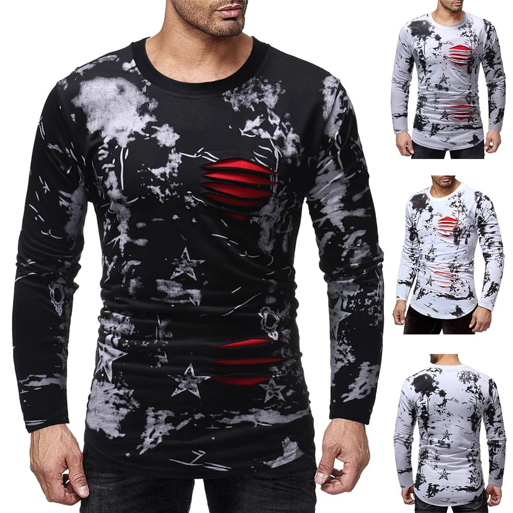 Mens Long Sleeve Scratches Splicing Casual Suits Shirts Blouse Top t ...