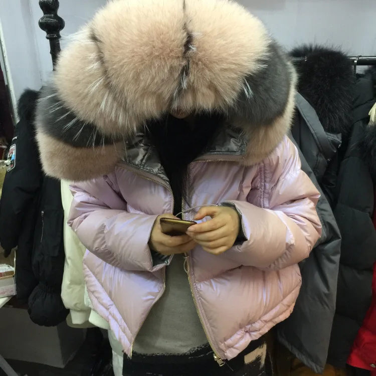 Большой натуральный Лисий Мех, зимняя куртка, женские пуховики, пальто с капюшоном, белый утиный пух, двусторонняя водонепроницаемая куртка