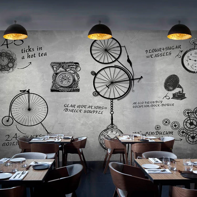 

Continental retro custom 3D stereoscopic large mural mechanical timepiece letter Coffee Bar West Restaurant silk cloth mural
