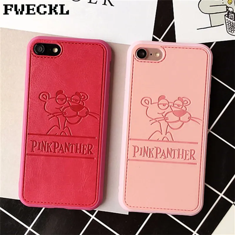 

Girl favorite Pu Leather cute Pink Panther Case for iphone X 7 7plus 6 6s 6plus Lovers TPU Silicone Phone Case Back Cover Capa