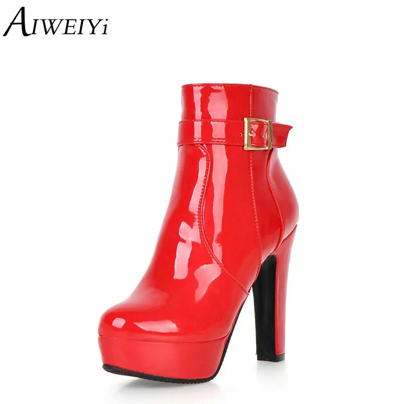 

AIWEIYi Patent Leather Ankle Boots for Women Black Red Square Heel High Heels Short Boots Ladies Wedding Shoes Woman