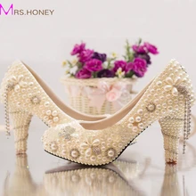 Neue Ankunft Sommer Strass Hochzeit Schuhe Braut Perle Kristall Kleid Schuhe Handwerk Elfenbein High Heel Plattformen Prom Party Schuhe