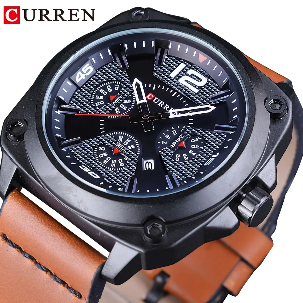 

CURREN Square Dial Military Design Brown Genuine Leather Analog Calendar Display Mens Quartz Watches Top Brand Luxury Male Clock