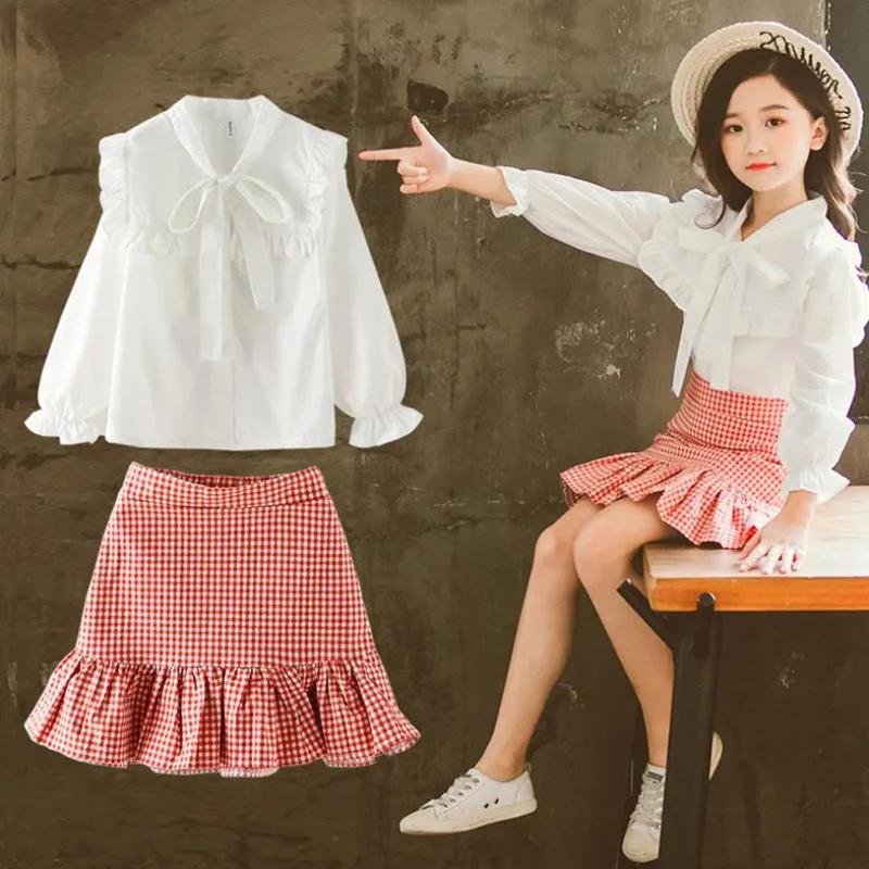 

DFXD Big Girls Clothing Set High Quality Spring White Lace Bowknot Collar Princess Blouse+Red Plaid Fishtail Skirt Girls Outfits