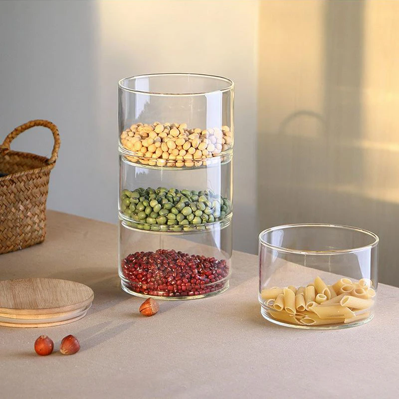 Креативная комбинированная Штабелируемая прозрачная Высокая боросиликатная стеклянная кухонная бутылка для хранения пищевых продуктов, контейнер для сыпучих продуктов, резиновая крышка, герметичная