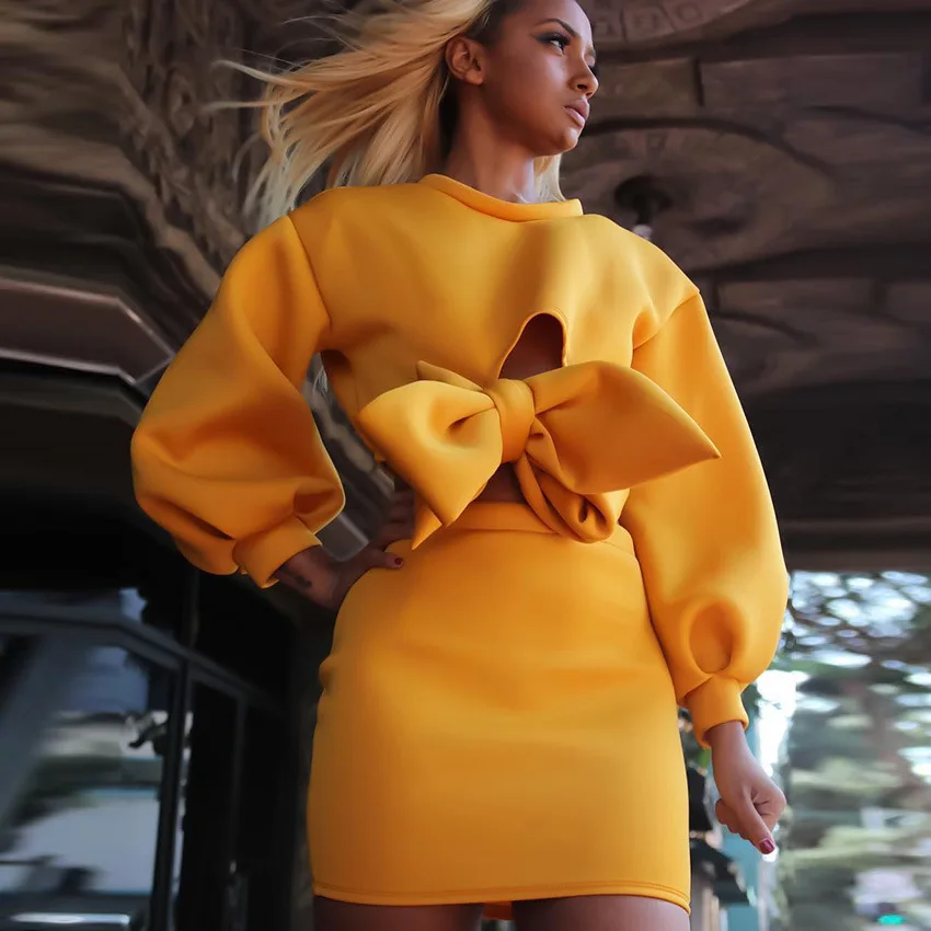 

Solid Two Pieces Female Autumn Women Dress Lantern sleeve Crop Sexy Cute Bow Mini Party Dress Bodycon Elegant Lady Vestido Suits