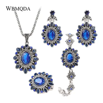 

4 Pcs/lot Luxury Bohemian Jewelry Sets Blue Crystal Flower Charm Bracelet Earrings Necklace Ring Women Vintage Accessories