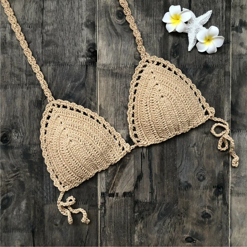 Women Crochet Bralette Knit Bra Boho Beach Woven Low Waist Sexy Bikini Set Swimsuit Bathing Suit Swimwear Cami Crop