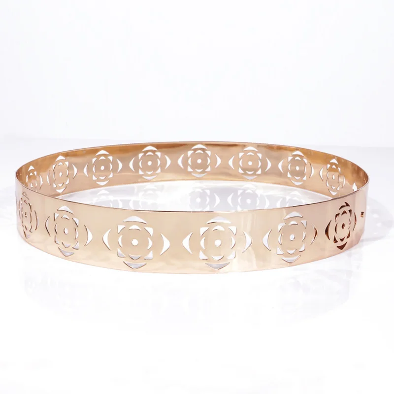 

New Woman Punk Full Metal Mirror Metallic Waist Belt Flora Hollow out Gold Belt For Woman dress BL348
