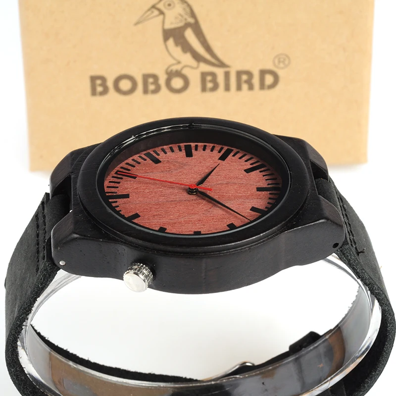 BOBO BIRD WB13 Ebony Wooden Watch Cool Lug on 4 O'Clock Wood Dial Face Leather Band Watches for Men
