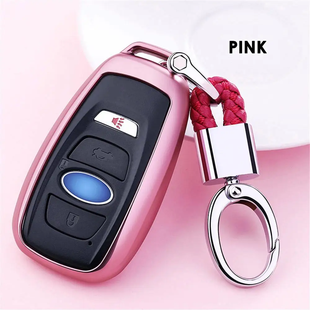 Стайлинга автомобилей мягкая ТПУ ключеник автомобильный чехол для ключа цепочку для Subaru Forester Outback датчик для Impreza XV BRZ чехол автомобильные аксессуары - Название цвета: Pink-Chain