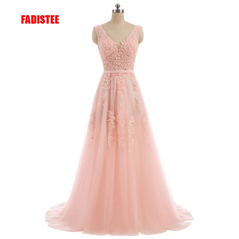 FADISTEE Vestido De Festa Sweet pink Lace V-neck Long Evening Dress Bride Party Sexy Backless beads pearls Prom Dresses lace-up gold evening gowns