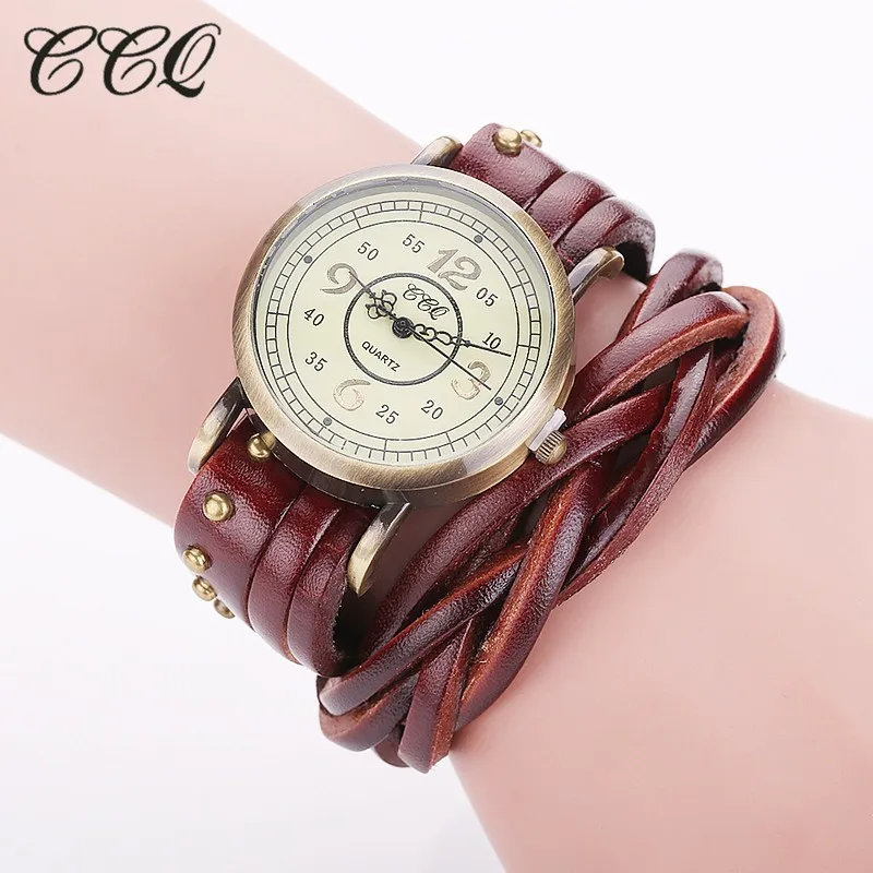 CCQ брендовые модные винтажные Ретро с заклепками плетеные часы из натуральной кожи с браслетом повседневные женские кварцевые часы Relogio Feminino 1513