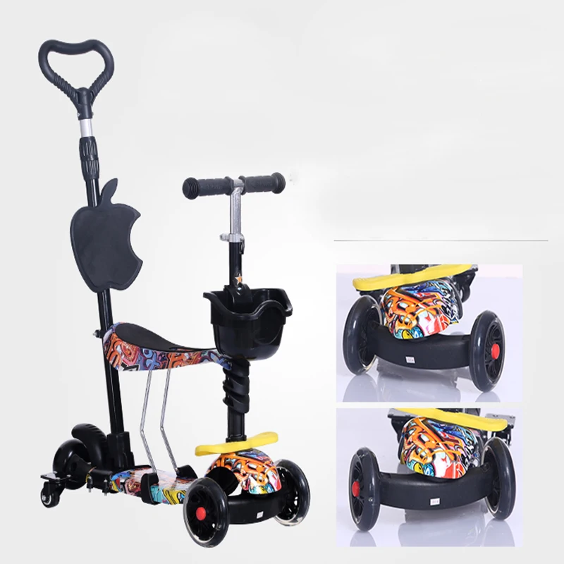 Children's baby scooter kids 5 in 1 PU 3 wheel flashing swing car lift stroller