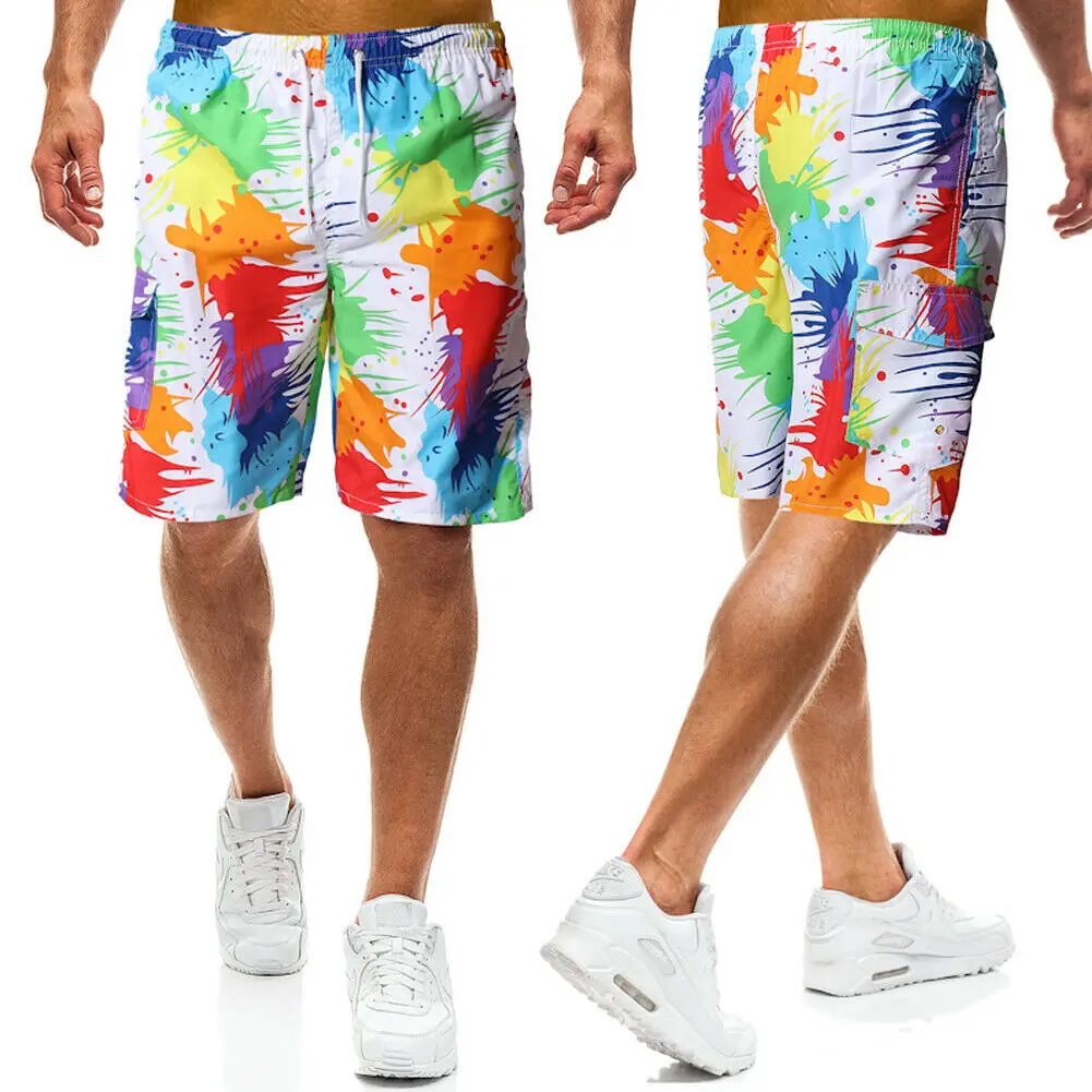 

Men Summer Beach Shorts Multi-color Elastic Swim Trunks Graffiti Style Casual Loose Short Pants