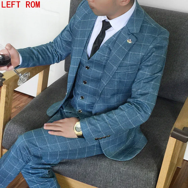 New Tweed Men Suits Plaid Terno Wedding Suit 1 Buttons Groom Tuxedos Tailored Wool Suits Custom Made (Jacket+pants+vest)