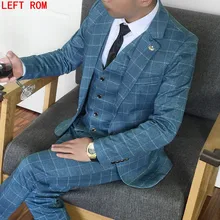 New Tweed Men Suits Plaid Terno Wedding Suit 1 Buttons Groom Tuxedos Tailored Wool Suits Custom Made (Jacket+pants+vest)