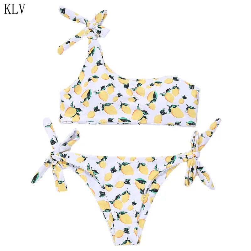 

Women Two Piece Bikini Set Knot Straps One Shoulder Swimsuit Low Waist Side Tie Contrast Colored Stripe Printed Bathing Suit