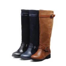 Зимняя женская обувь на низком каблуке; высокие сапоги до колена из искусственной кожи; винтажные сапоги для верховой езды с пряжкой и ремешком; zapatos de mujer размера плюс